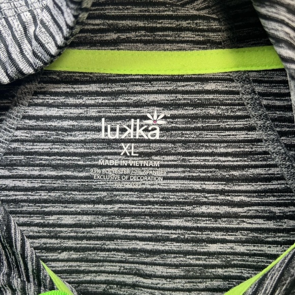 Lukka Womens Hooded Athletic Jacket Gray Black Stripe Neon Zip Thumb Holes Sz XL - Picture 2 of 15